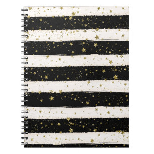 Black White Watercolor Stripes Gold Glitter Stars Notebook