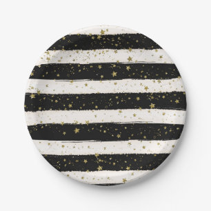 Black White Watercolor Stripes Gold Glitter Stars Paper Plate