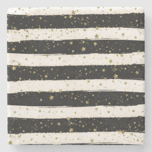 Black White Watercolor Stripes Gold Glitter Stars Stone Coaster
