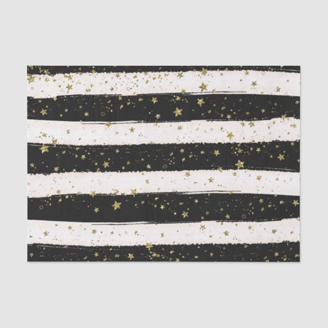 Black White Watercolor Stripes Gold Glitter Stars Tissue Paper (Front)