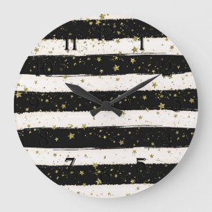 Black White Watercolor Stripes Gold Glittery Stars Large Clock
