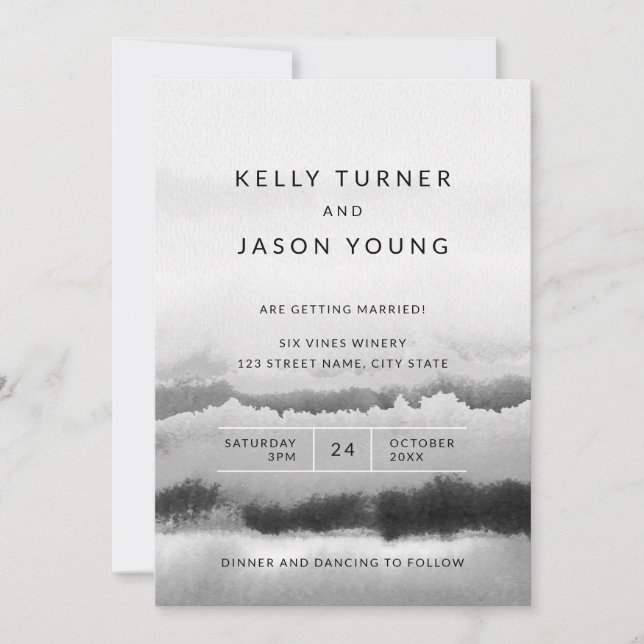 Black & White Watercolor Tie Dye Abstract Wedding Invitation (Front)