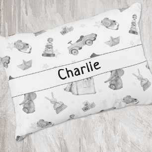 Black & White Watercolor Vintage Toys Pattern Accent Pillow