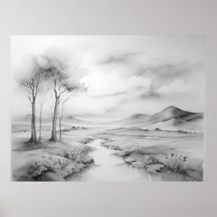 Black White Watercolour Beautiful Landscape Poster