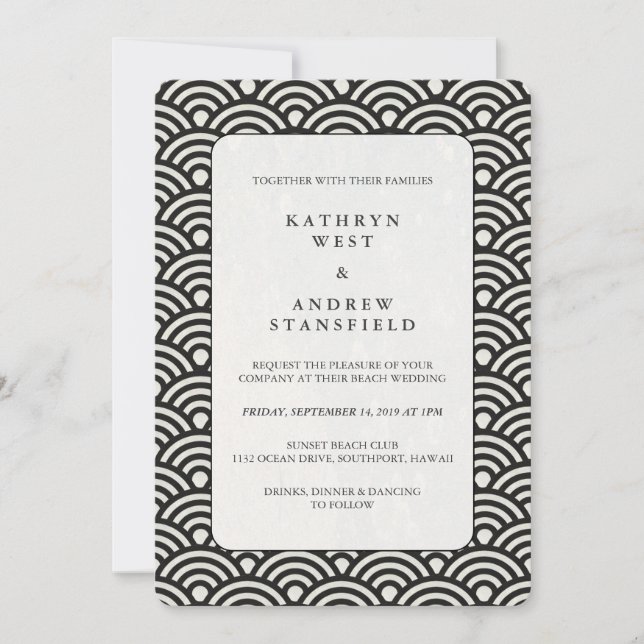 Black + White Wave Pattern Wedding Invitation (Front)