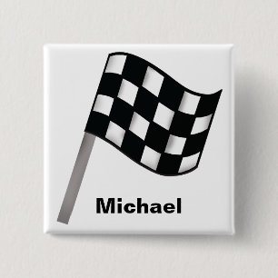 Black White Waving Checkered Flag Name Badge 2 Inch Square Button