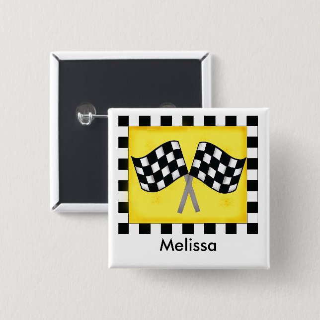 Black White Waving Chequered Flag Name Badge 2 Inch Square Button (Front & Back)