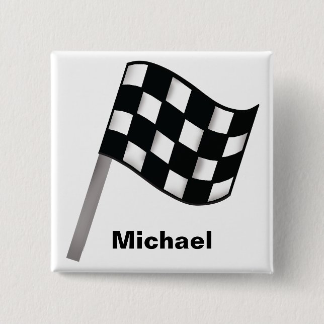 Black White Waving Chequered Flag Name Badge 2 Inch Square Button (Front)