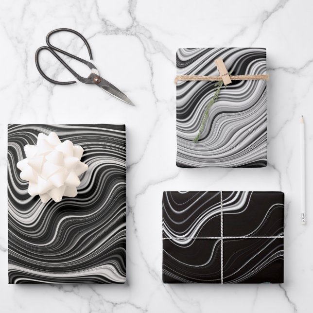 Black & White Wavy Abstraction Wrapping Paper Sheet (Front)