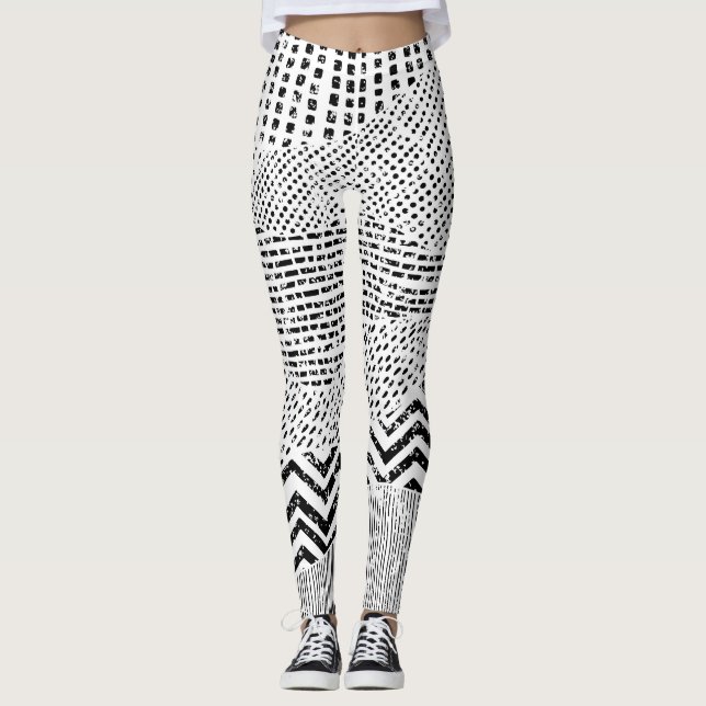 Black White Wavy Patchwork Ornament Leggings (Front)