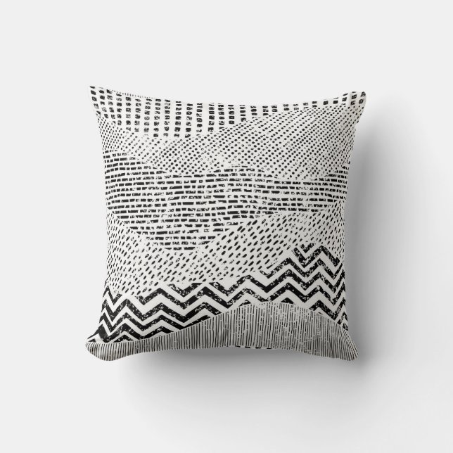 Black White Wavy Patchwork Ornament Throw Pillow (Front)