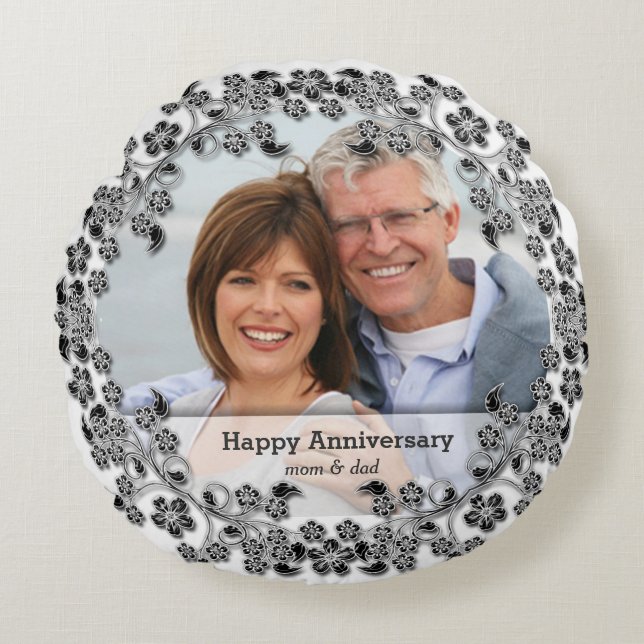 Black & White Wedding Anniversary with a photo Round Pillow (Front)