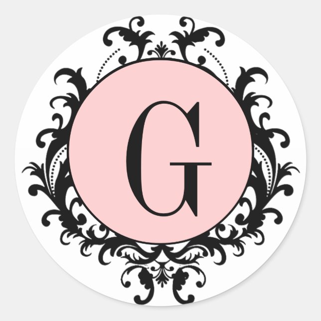 Black White Wedding Monogram G Damask Pink Label (Front)