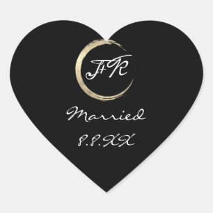Black White Wedding Monogram Gold Save The Date Heart Sticker