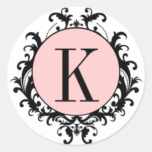 Black White Wedding Monogram K Damask Pink Label