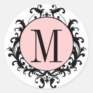 Black White Wedding Monogram M Damask Pink Label