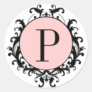 Black White Wedding Monogram P Damask Pink Label