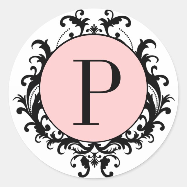 Black White Wedding Monogram P Damask Pink Label (Front)