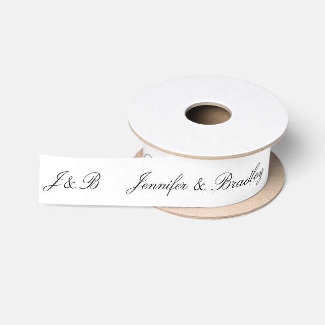 Black White Wedding Monogram Personalized Names Satin Ribbon (Spool)