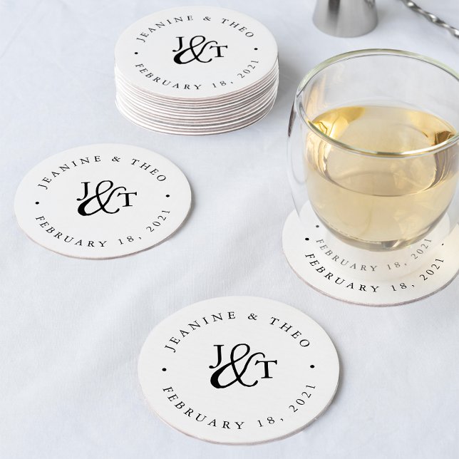 Black & White Wedding Monogram Round Paper Coaster (Creator Uploaded)