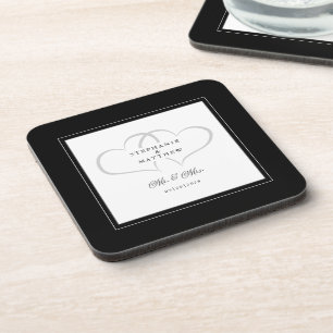 Black & White Wedding Mr & Mrs Elegant Chic Hearts Coaster