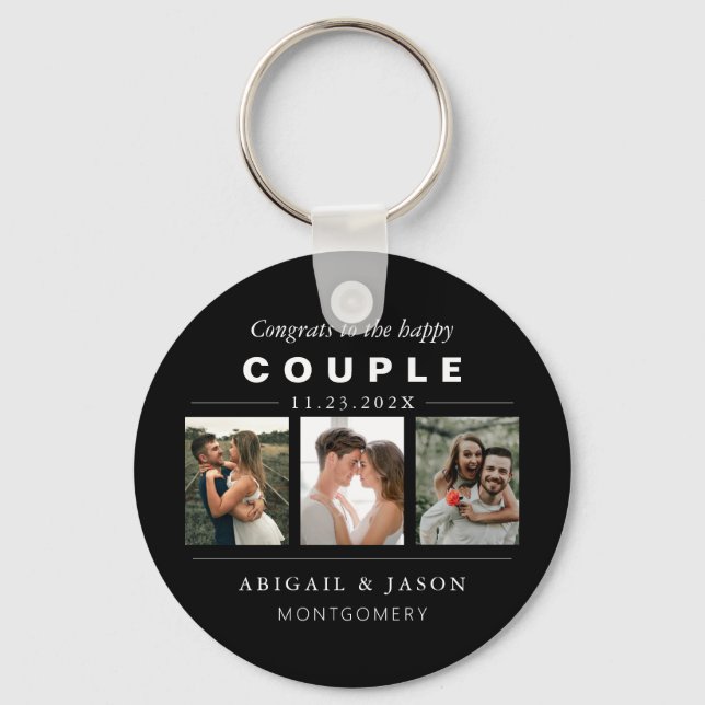Black White Wedding Photo Collage Happy Couple Keychain (Front)