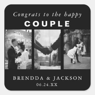 Black White Wedding Photo Collage Happy Couple  Square Sticker