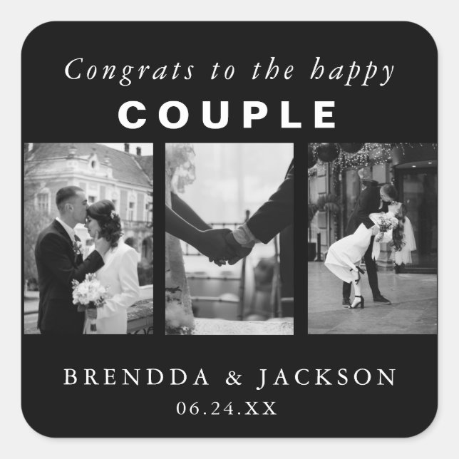 Black White Wedding Photo Collage Happy Couple  Square Sticker (Front)