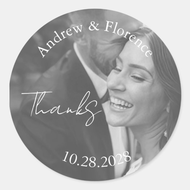 Black White Wedding Photo Serif & Cursive Typograp Classic Round Sticker (Front)