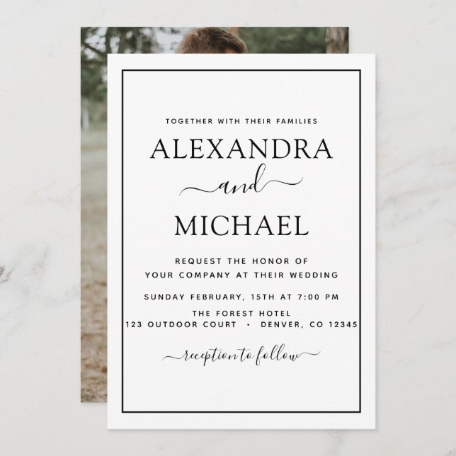 Black White Wedding Romantic Photo Invitation (Front/Back)
