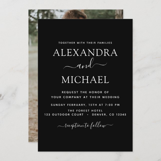 Black White Wedding Romantic Photo Invitation (Front/Back)