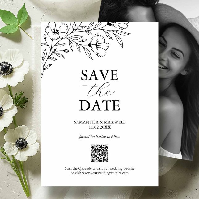 Black & White Wedding Save The Dates with Picture Save The Date (Black and white photo save the dates floral line art by Victoria Grigaliunas of Do Tell A Belle)