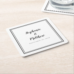 Black White Wedding Simple Modern Minimalist Party Square Paper Coaster