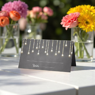 Black White Wedding String Lights Chalkboard Place Card