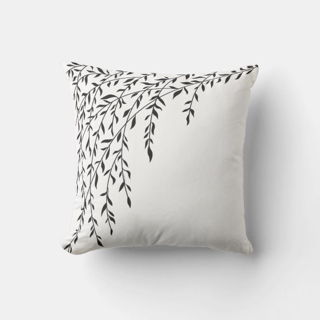 Black & White Weeping Willow Tree Branches Leaves Throw Pillow (Front)