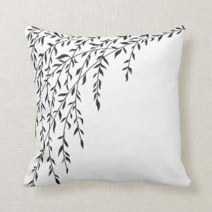 Black & White Weeping Willow Tree Branches Leaves Throw Pillow