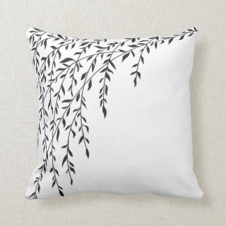 Black & White Weeping Willow Tree Branches Leaves Throw Pillow