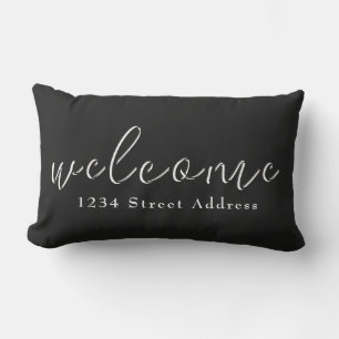 Black & White Welcome & Custom Address Script Lumbar Pillow