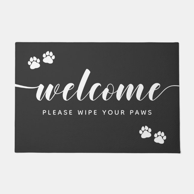 Black White Welcome Paw Prints Wipe Your Paws Doormat (Front)