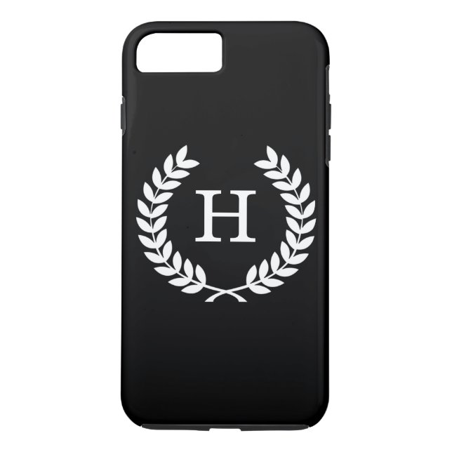 Black White Wheat Laurel Wreath Initial Monogram Case-Mate iPhone Case (Back)