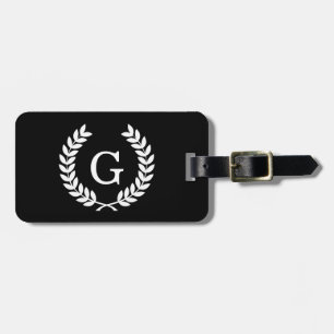 Black White Wheat Laurel Wreath Initial Monogram Luggage Tag