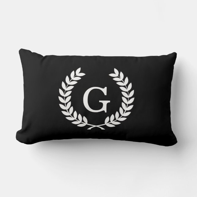 Black White Wheat Laurel Wreath Initial Monogram Lumbar Pillow (Front)