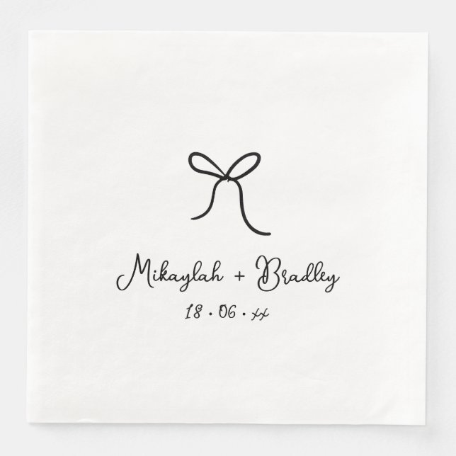 Black & White Whimsical Bow Personalized Wedding  Napkin (Front)