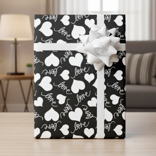 Black & White Whimsical Cursive Love & Hearts Wrapping Paper