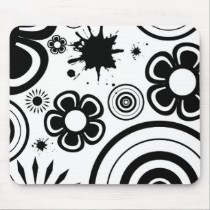 Black & White Whimsical Flowers, Circles, Splatter Mouse Pad