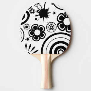 Black & White Whimsical Flowers, Circles, Splatter Ping Pong Paddle