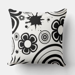 Black & White Whimsical Flowers, Circles, Splatter Throw Pillow