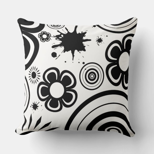 Black & White Whimsical Flowers, Circles, Splatter Throw Pillow (Front)