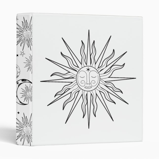 Black & White Whimsical Sun Celestial Astrology Binder (Front/Spine)