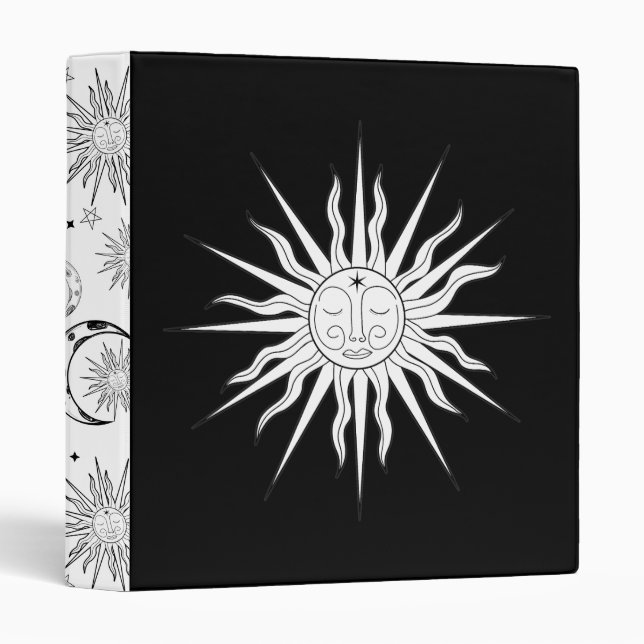 Black & White Whimsical Sun Celestial Astrology Binder (Front/Spine)